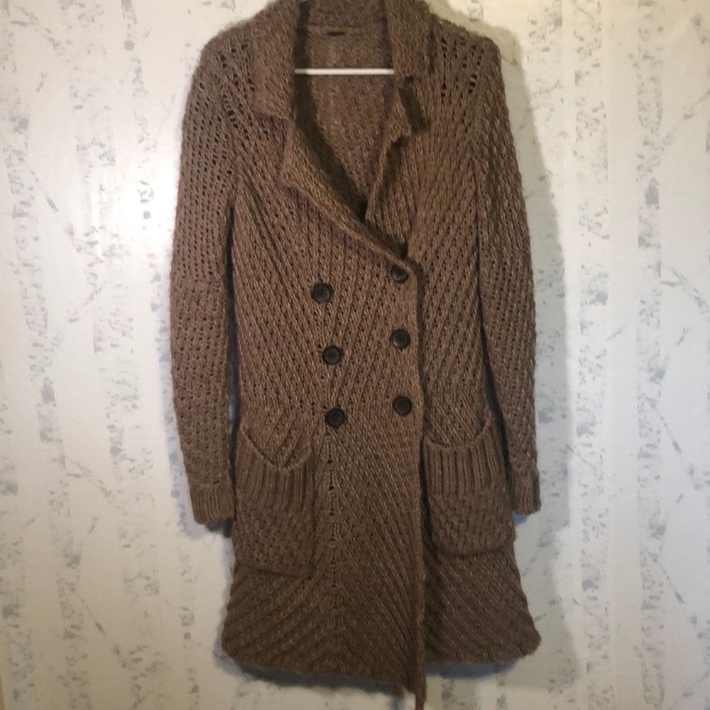Free People Sweater Duster Taupe Brown Pockets